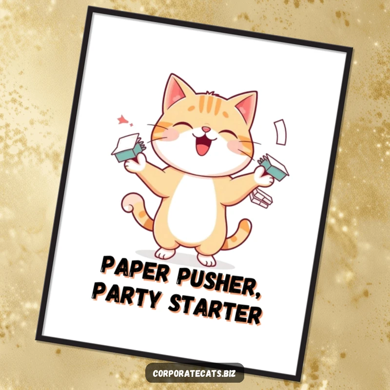 Funny Free Printable Wall Art: Cheerful cat expertly juggling stacks of papers, capturing the essence of office chaos.