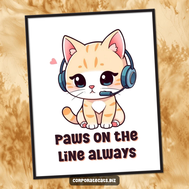 Funny Free Printable Wall Art: A cat wearing a headset is intently focused on a digital video call.