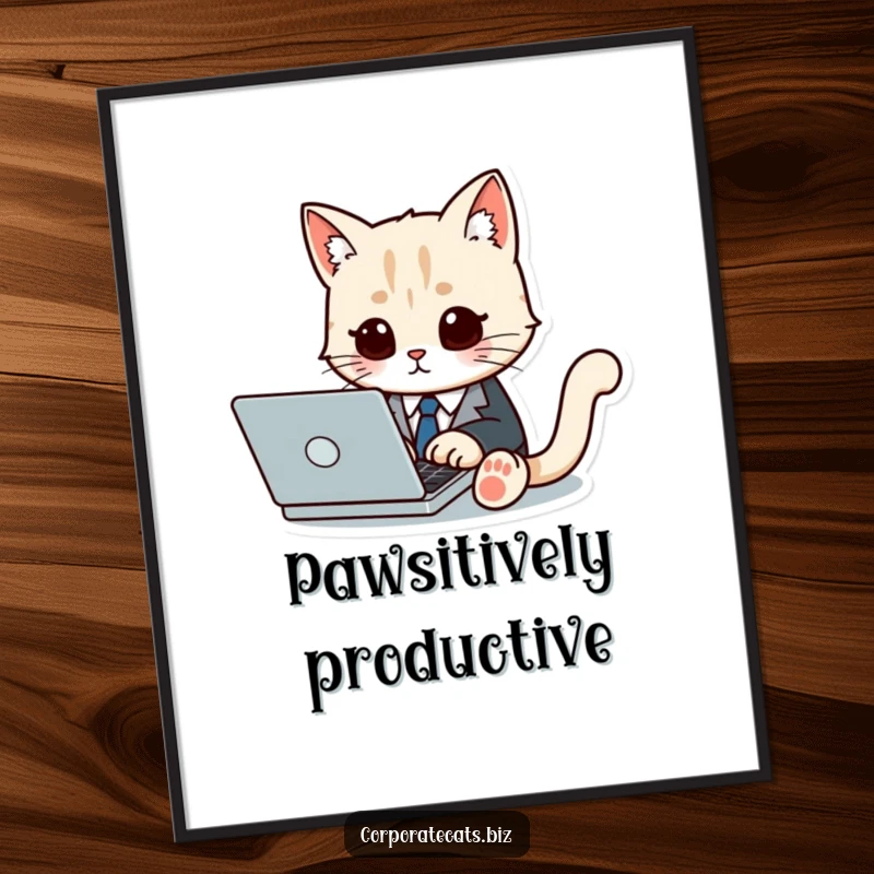Funny Free Printable Wall Art: A cute cat in a suit and tie is focused on typing on a laptop, adding business humor.