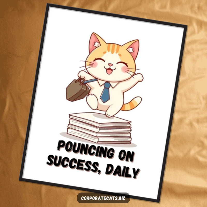 Funny Free Printable Wall Art: A smiling cat in a tiny tie, briefcase in paw, leaps dynamically over a high stack of scattered papers.