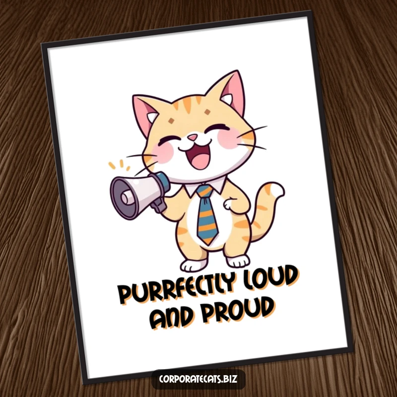 Funny Free Printable Wall Art: A stylish cat in a tie excitedly cheers into a small megaphone.