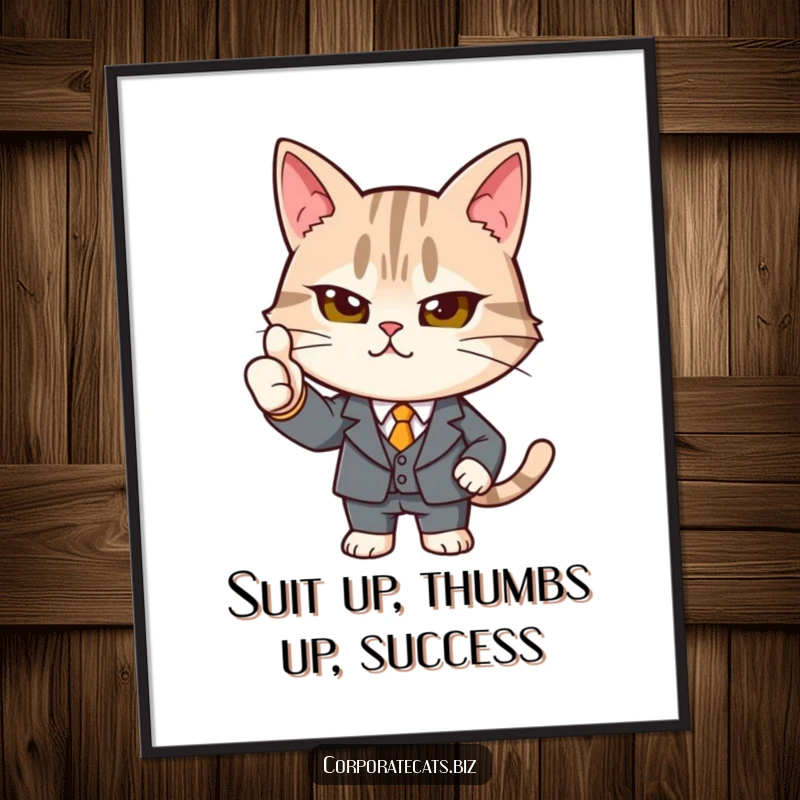 Funny Free Printable Wall Art: A distinguished cat in a sharp, tiny suit gives a bold and positive thumbs-up.