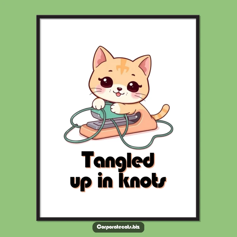Free Printable Wall Art: Tangled Cat Stapler - Funny Downloadable Decor for Office Chaos