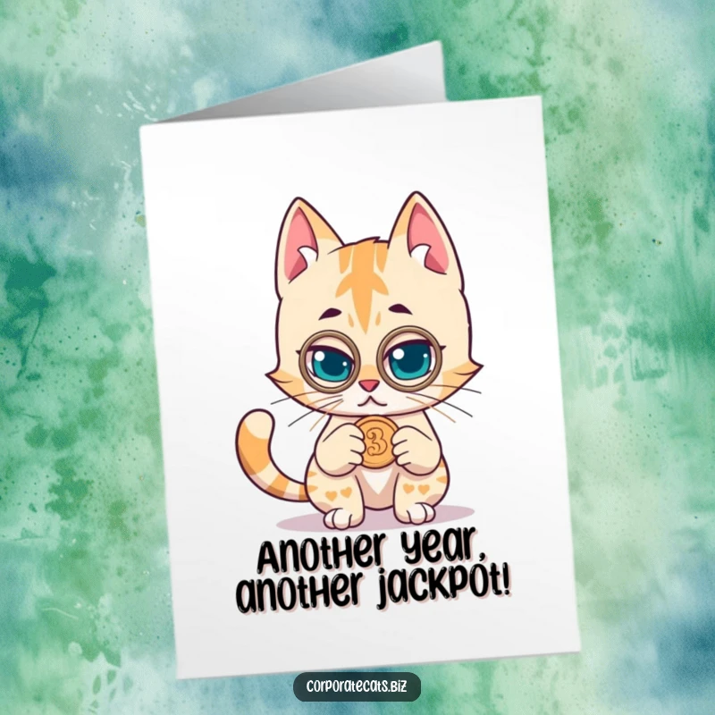 Funny Free Printable Birthday Card: Mischievous cat with monocle inspects coin, a humorous downloadable gift idea.
