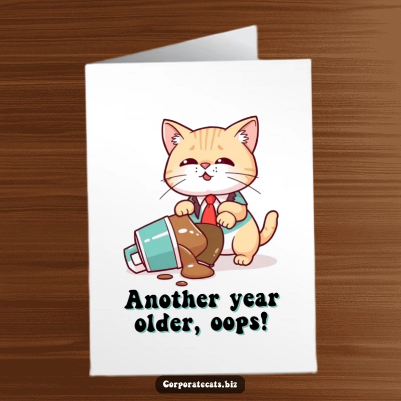 Funny Free Printable Birthday Card: Cat executive spills coffee mug, causing office disaster, perfect for a laugh.