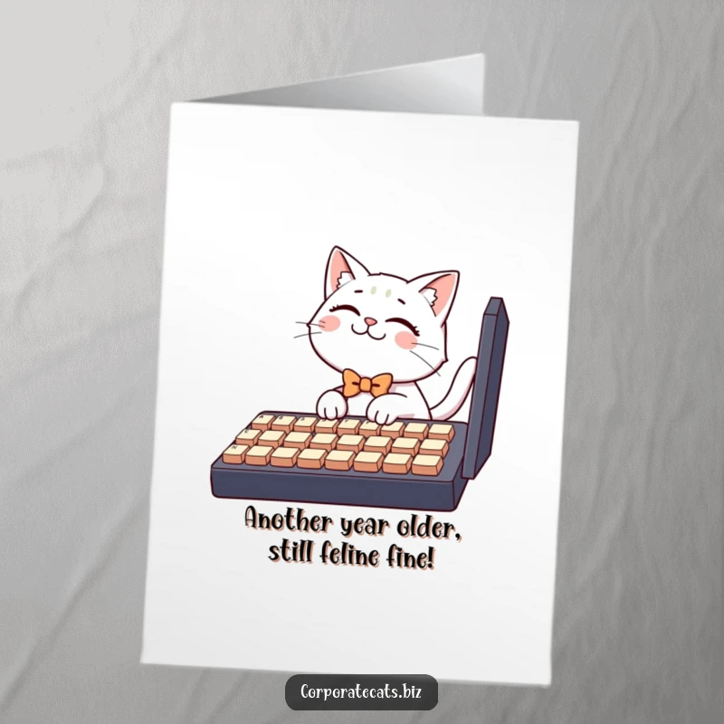 Funny free printable birthday card showing a small cat in a bowtie enthusiastically typing on a comically oversized keyboard, looking amused.