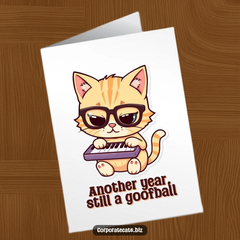 Funny Free Printable Birthday Card featuring a mischievous cat in glasses typing on a tiny keyboard.