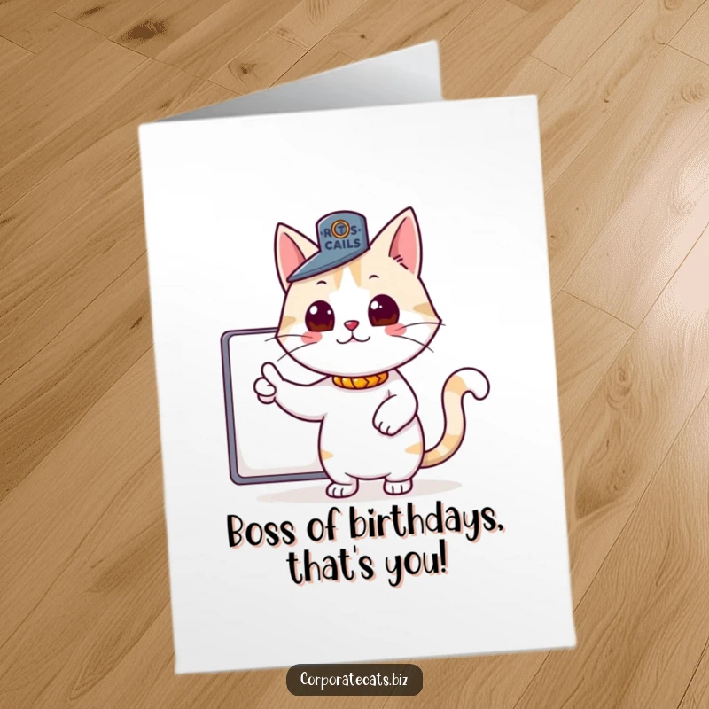 Funny Free Printable Birthday Card: Proud cat in a tiny boss hat points authoritatively, owning the celebration.
