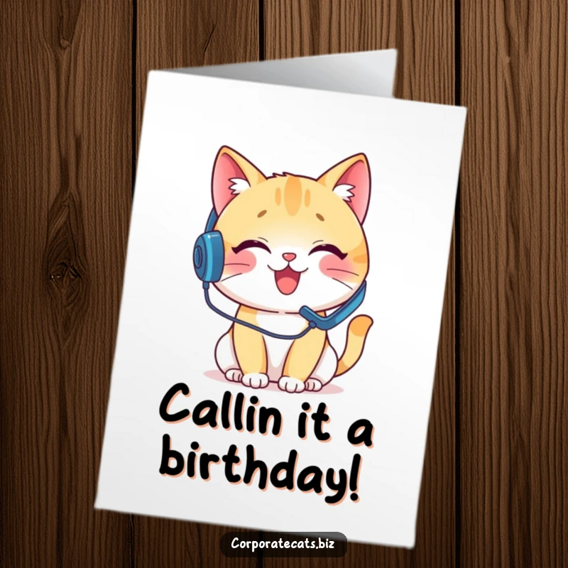 Funny Free Printable Birthday Card: Delighted cat wearing a headset pretends to be on a phone call, wishing happy birthday.
