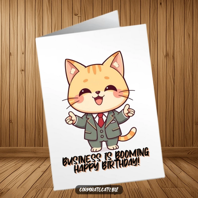 Funny Free Printable Birthday Card: A cat in a business suit confidently makes a presentation.