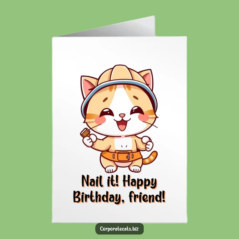 Free Printable Birthday Card: Funny Hard Hat Cat Hammering Nail DIY Downloadable Gift