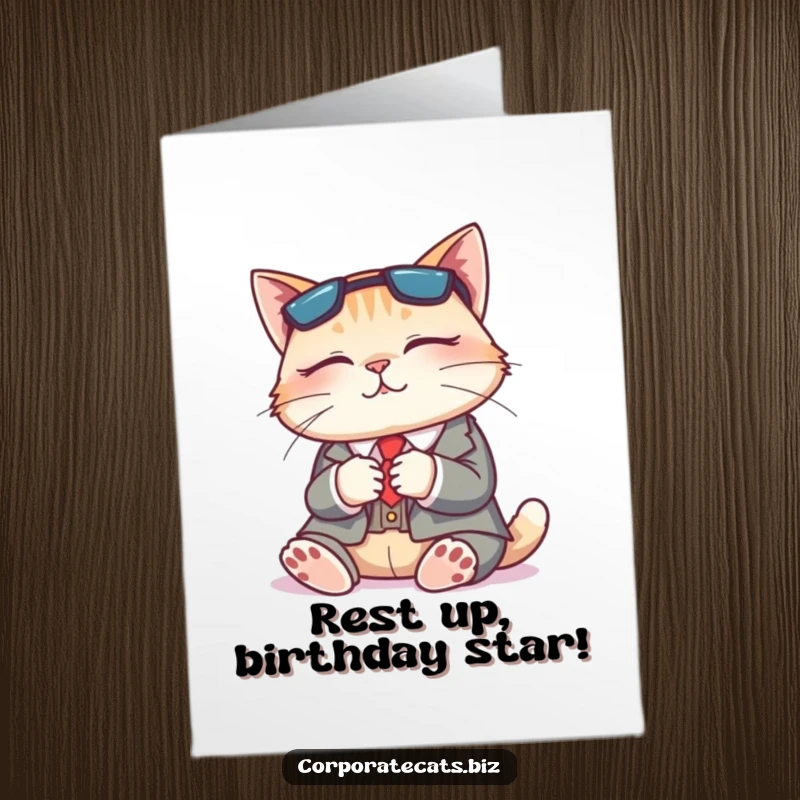 Funny Free Printable Birthday Card: Content cat in a business suit napping peacefully, wishing a restful birthday.