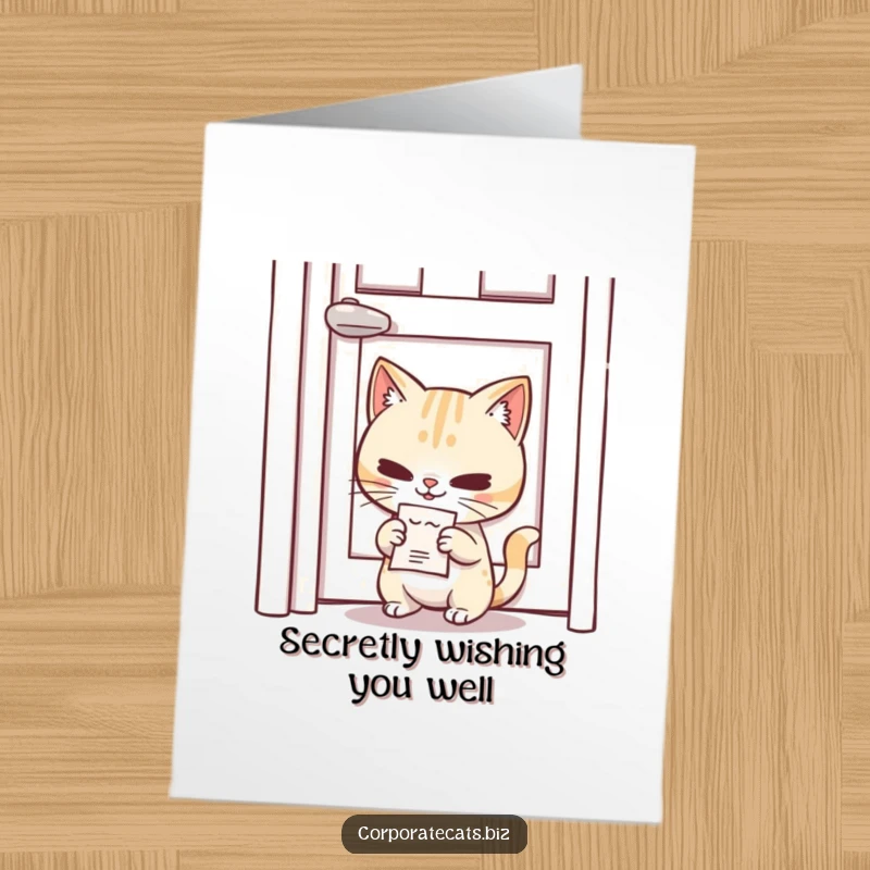 Funny Free Printable Birthday Card: Mischievous cat slipping a memo under a door with a smirk, for a birthday.