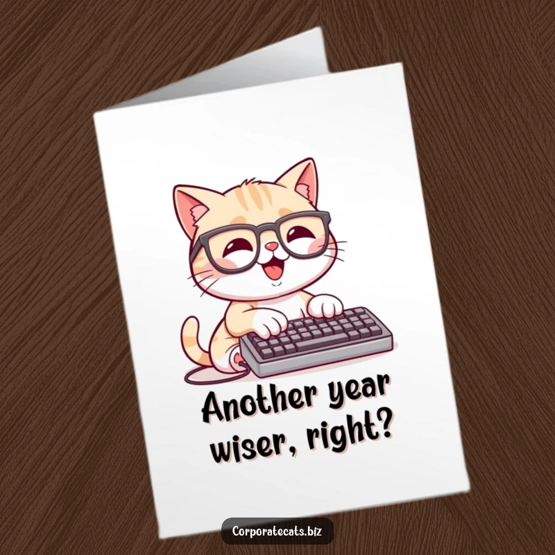 Funny Free Printable Birthday Card: Cat wearing glasses furiously typing on a tiny keyboard, celebrating a birthday.
