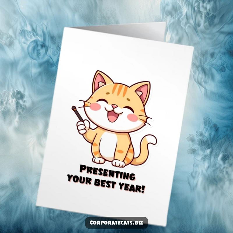 Funny Free Printable Cat Card: A joyful cat character beams while giving a presentation with a pointer.