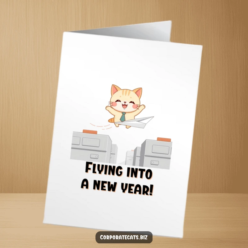 Funny Free Printable Birthday Card: Joyful cat in a tiny tie flies on a paper airplane, celebrating a birthday.