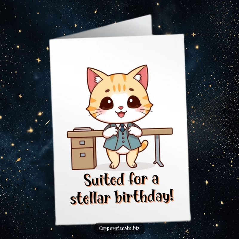 Funny Free Printable Birthday Card: Smiling cat in a tiny suit elegantly crosses legs, wishing happy birthday.