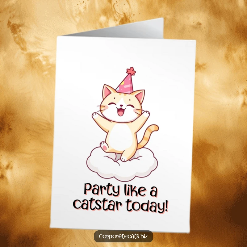 Funny free printable birthday card: cheerful cat in party hat dancing joyfully on a fluffy cloud.