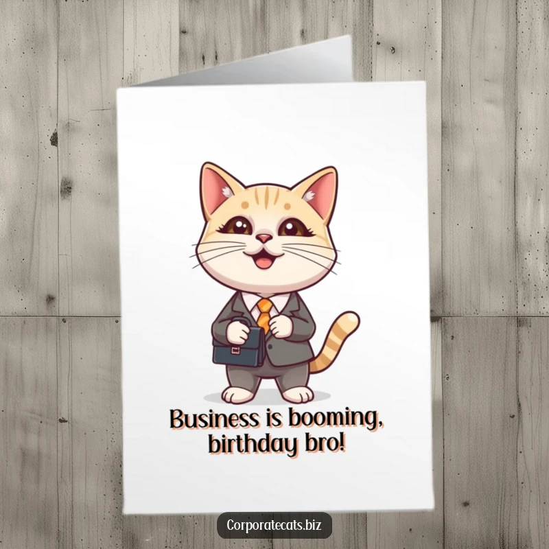 Funny Free Printable Birthday Card: Smiling cat in a suit holding a briefcase, ready for business, bringing birthday cheer.