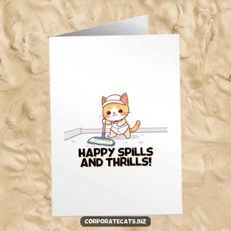 Funny Free Printable Birthday Card: Cat janitor slips on wet floor, creating a comical scene for gifting.