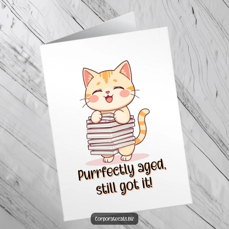 Funny Free Printable Birthday Card: A clumsy cat precariously balancing a huge stack of papers, looking overwhelmed.