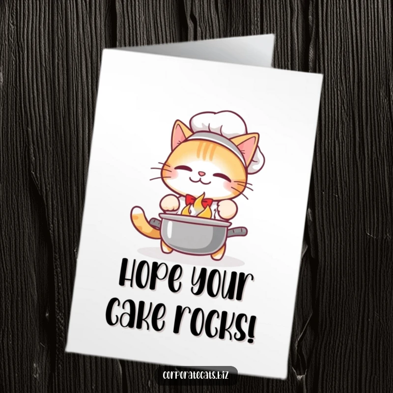 Funny Free Printable Birthday Card: Cat chef drops a pot with a loud clang, creating kitchen disaster humor.
