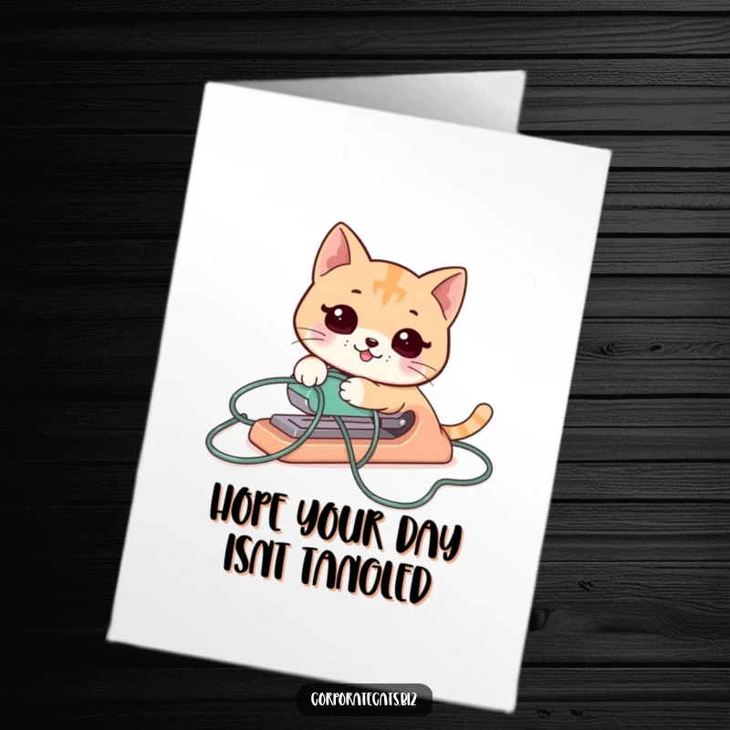 Funny Free Printable Birthday Card: A cat shaped stapler comically tangled in its own electrical cord, looking stressed.