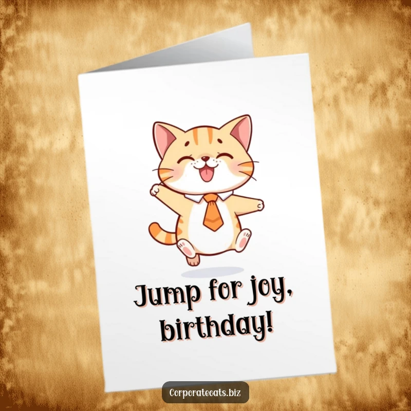 Funny Free Printable Birthday Card: Playful cat in a tie doing a little jump, celebrating birthdays with energetic joy.