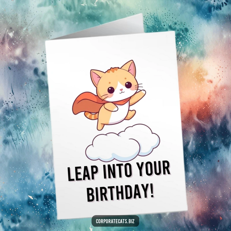 Funny free printable birthday card: curious cat in a cape leaping between clouds, ready for adventure.