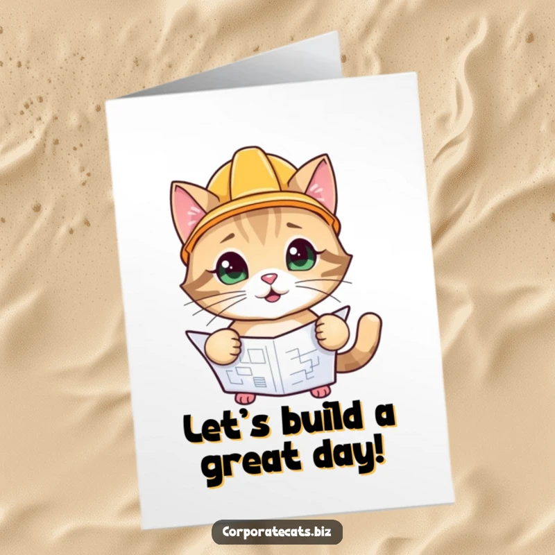 Funny Free Printable Birthday Card: Playful cat in a hard hat inspecting a blueprint, wishing a happy birthday.