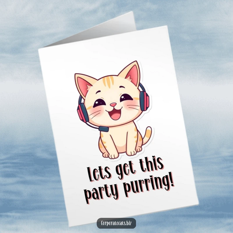 Funny Free Printable Birthday Card: A cheerful cat wearing a tiny headset enthusiastically talks, ready to celebrate your special day.