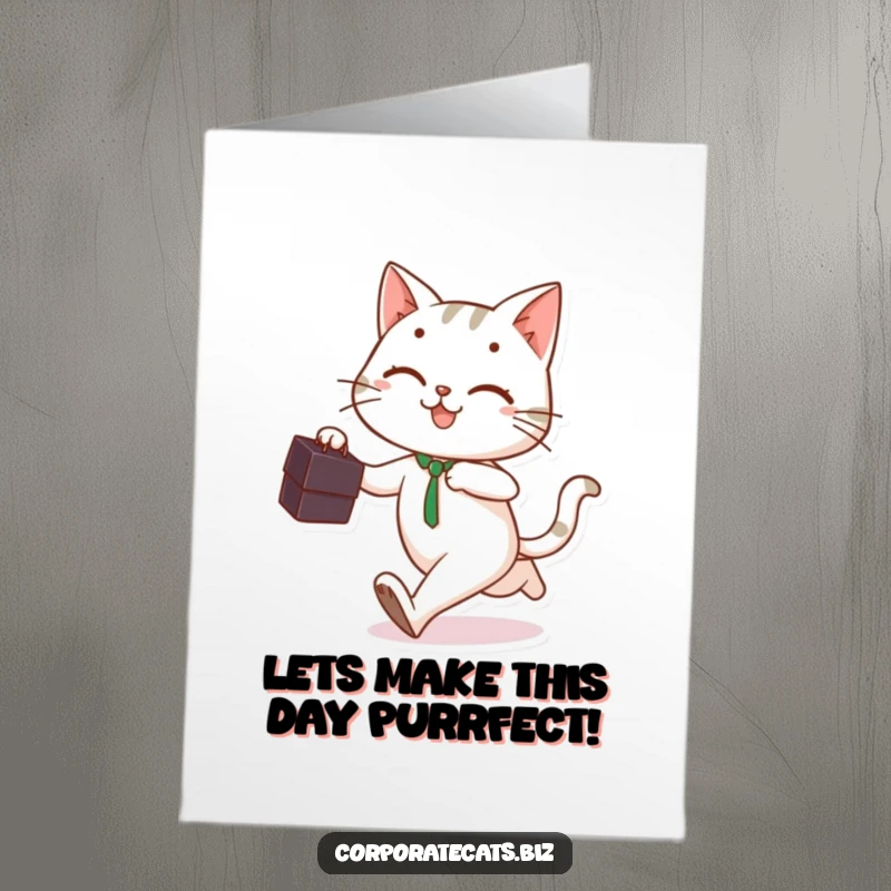 Funny Free Printable Birthday Card: A smiling cat runs with a briefcase, looking like a busybee off to a birthday party.