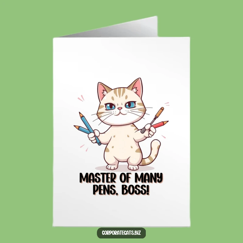 Free Printable Funny Birthday Card: Juggling Cat Pens, Hilarious Downloadable Gift
