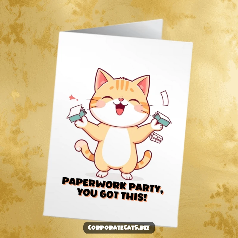 Funny Free Printable Birthday Card: Cheerful cat juggling stacks of paper with comedic skill, perfect for office humor.