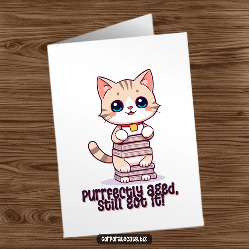 Funny free printable birthday card featuring a clumsy cat struggling with a tall stack of office documents, looking overwhelmed.