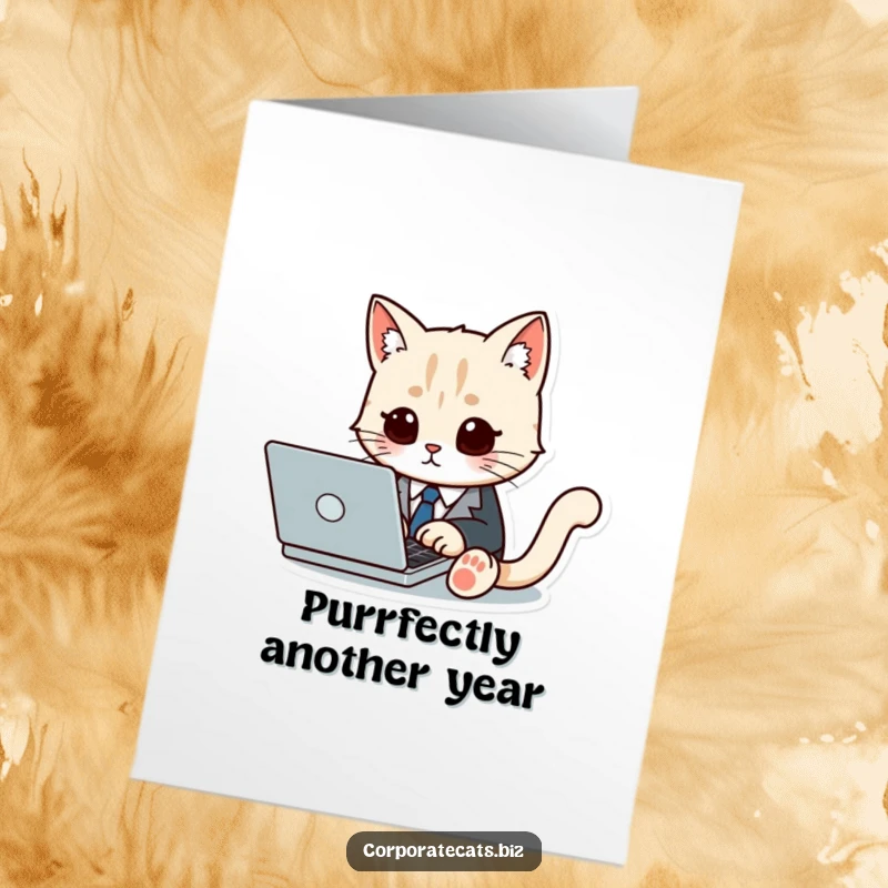 Funny Free Printable Birthday Card: A cute cat in a suit and tie types on a laptop, sending dapper birthday greetings.