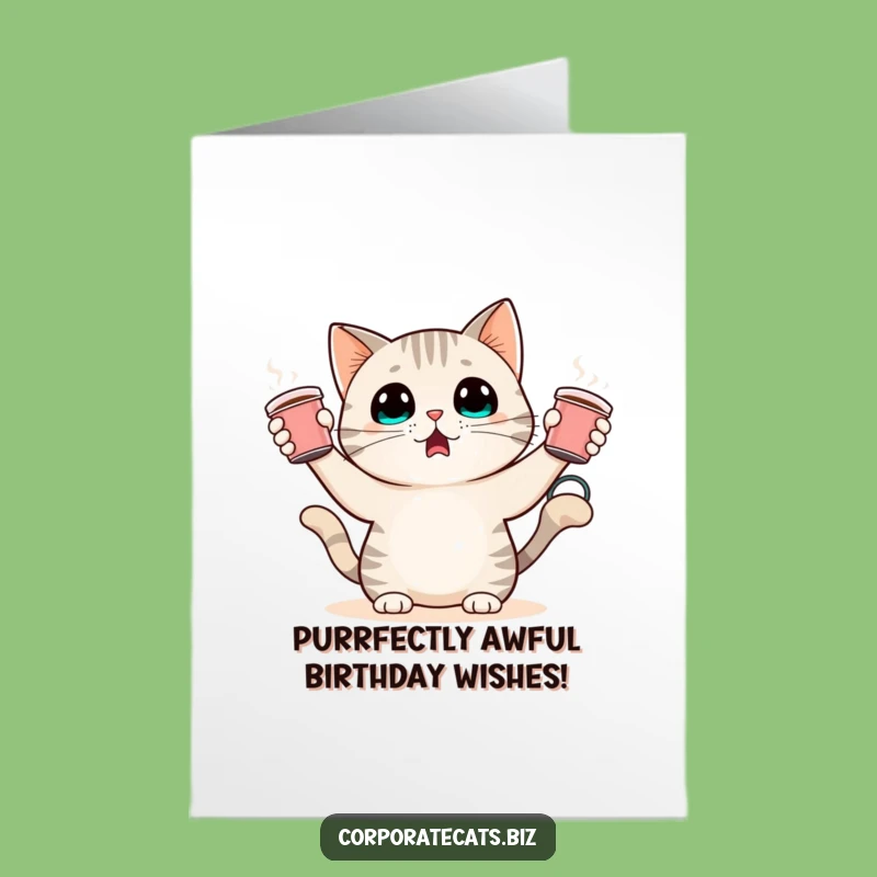Free Printable Cat Juggling Coffee Card: Funny Birthday Downloadable Gift for Cat Lovers