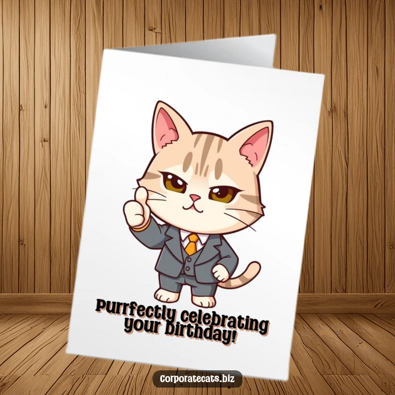Funny Free Printable Birthday Card: A determined cat wearing a tiny suit gives a confident, strong thumbs-up.