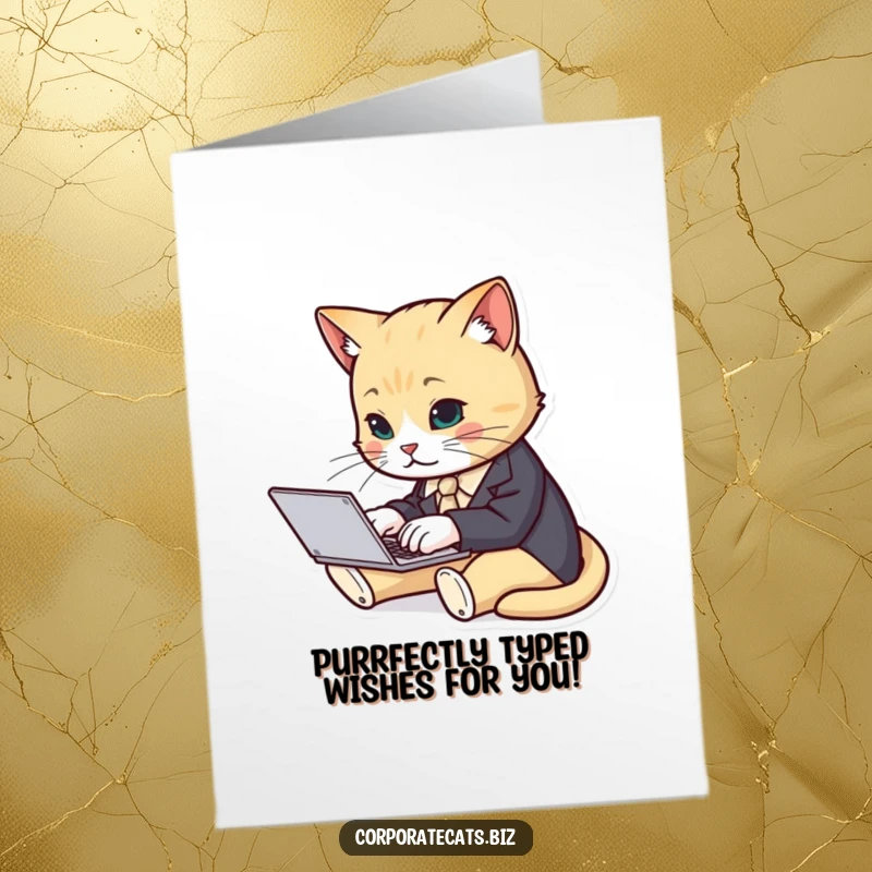 Funny Free Printable Birthday Card: Cat in tiny suit types furiously on laptop, celebrating birthday.