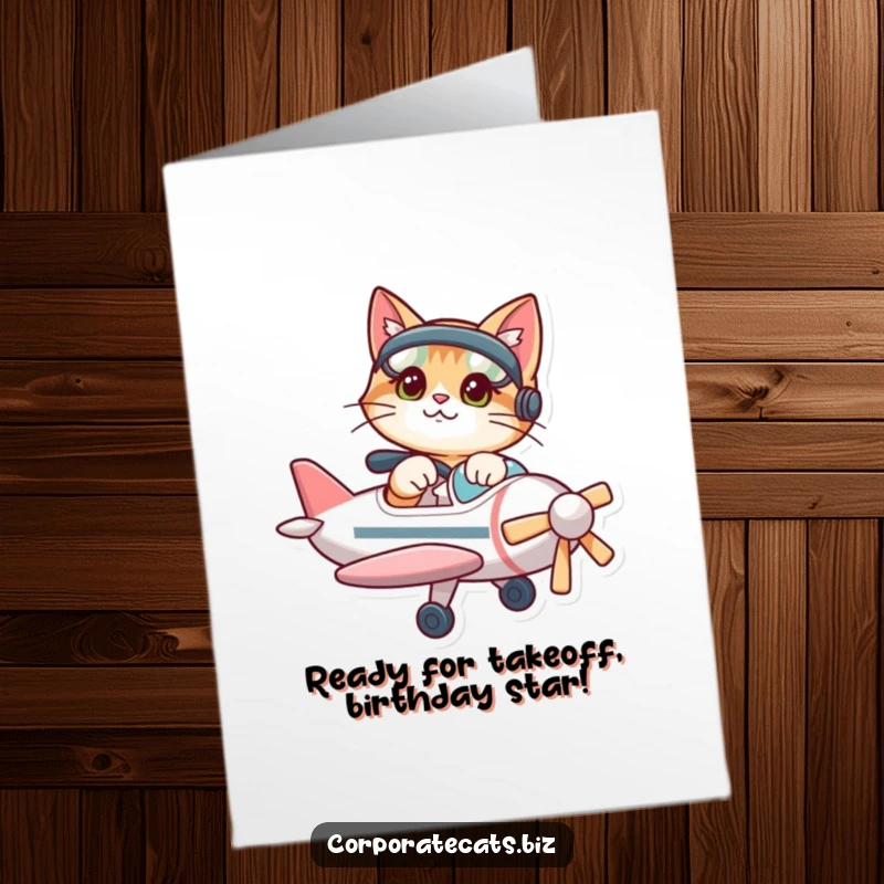 Funny free printable birthday card featuring a determined cat piloting a small airplane with a smile, ready for takeoff.