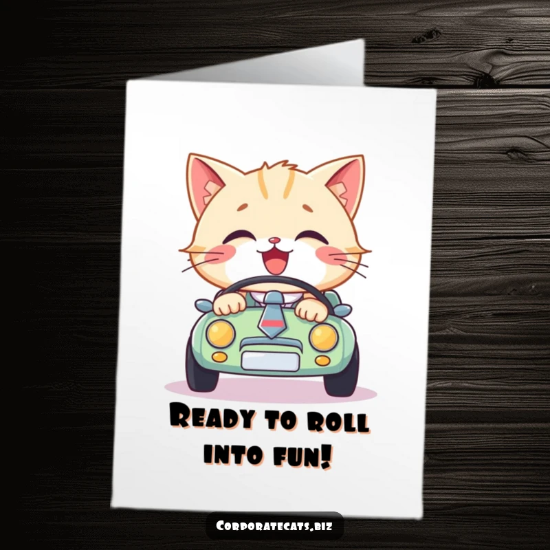 Funny Free Printable Birthday Card: Happy cat wearing a tie drives a tiny car, cruising towards a birthday bash.