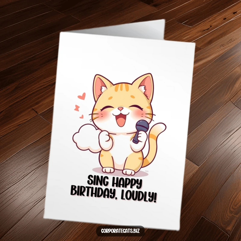 Funny free printable birthday card: playful cat with microphone singing happily into a soft cloud.