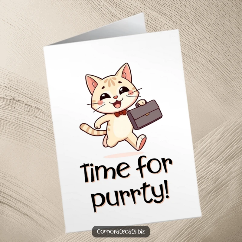 Funny Free Printable Birthday Card: A smiling cat in a suit runs enthusiastically, holding a briefcase for a birthday surprise.