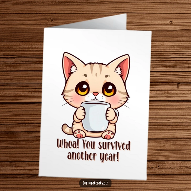 Funny Free Printable Birthday Card: A cat with enormous, wide eyes clutches a coffee cup, looking utterly shocked and ready for birthday fun.