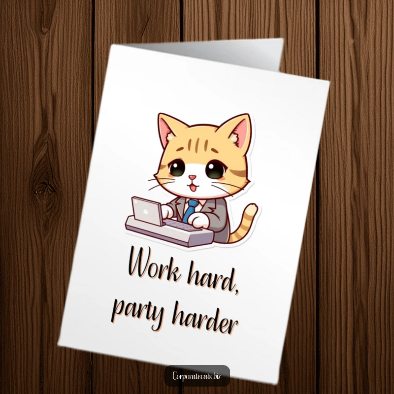 Funny Free Printable Birthday Card: A cute cat wearing a tiny suit and tie types enthusiastically on a keyboard, celebrating a birthday.