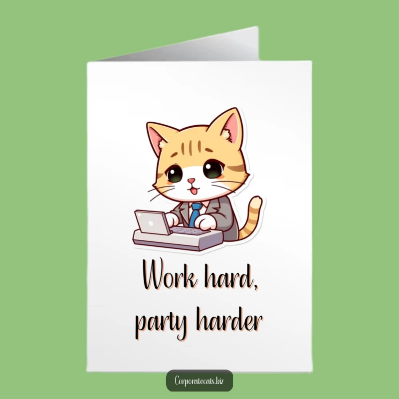 Free Printable Birthday Card: Dapper Cat Typing Hard, Funny Business Birthday Downloadable Gift