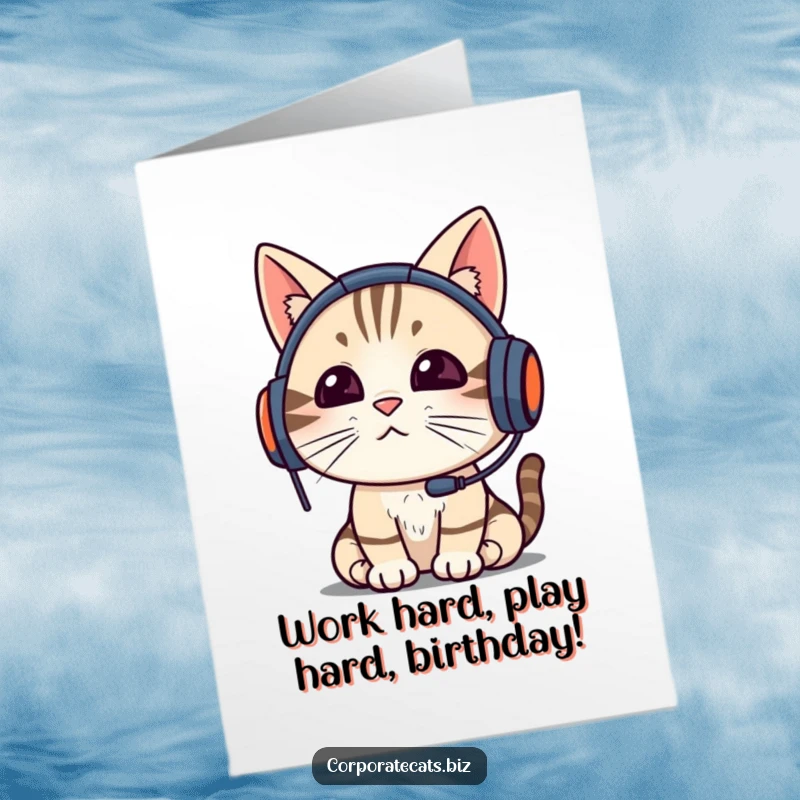 Funny Free Printable Birthday Card: Cat focused on video call wearing headset, perfect for a work-from-home celebration.
