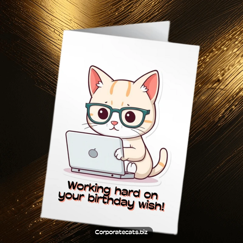 Funny Free Printable Birthday Card: A focused cat wearing tiny glasses intently types on a miniature laptop.