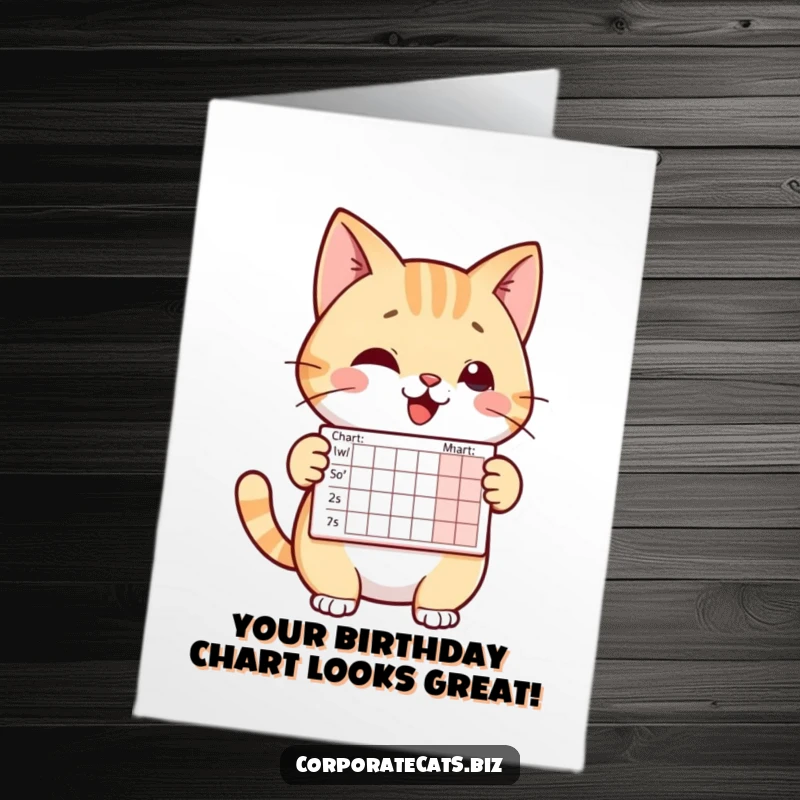 Funny free printable birthday card featuring a cheerful cat character proudly presenting a small, upward-trending chart.