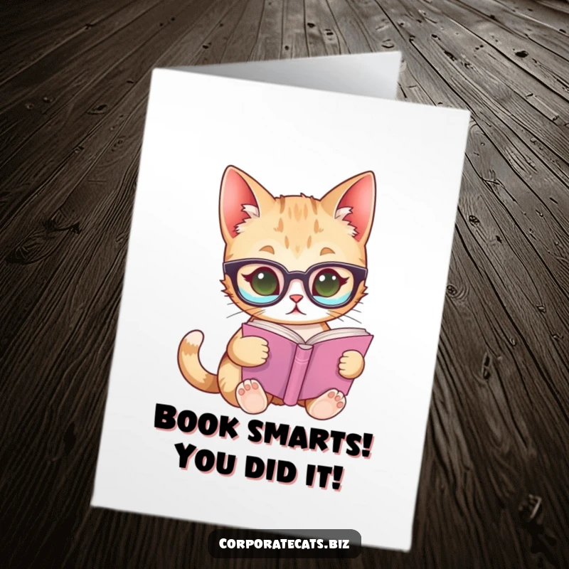 Funny Free Printable Congratulations Card: Curious cat with glasses reading a book, celebrating knowledge and achievement.